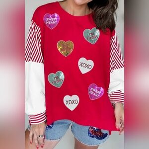 Valentines Day Sequin Heart Striped Color Block Patchwork Sweatshirt